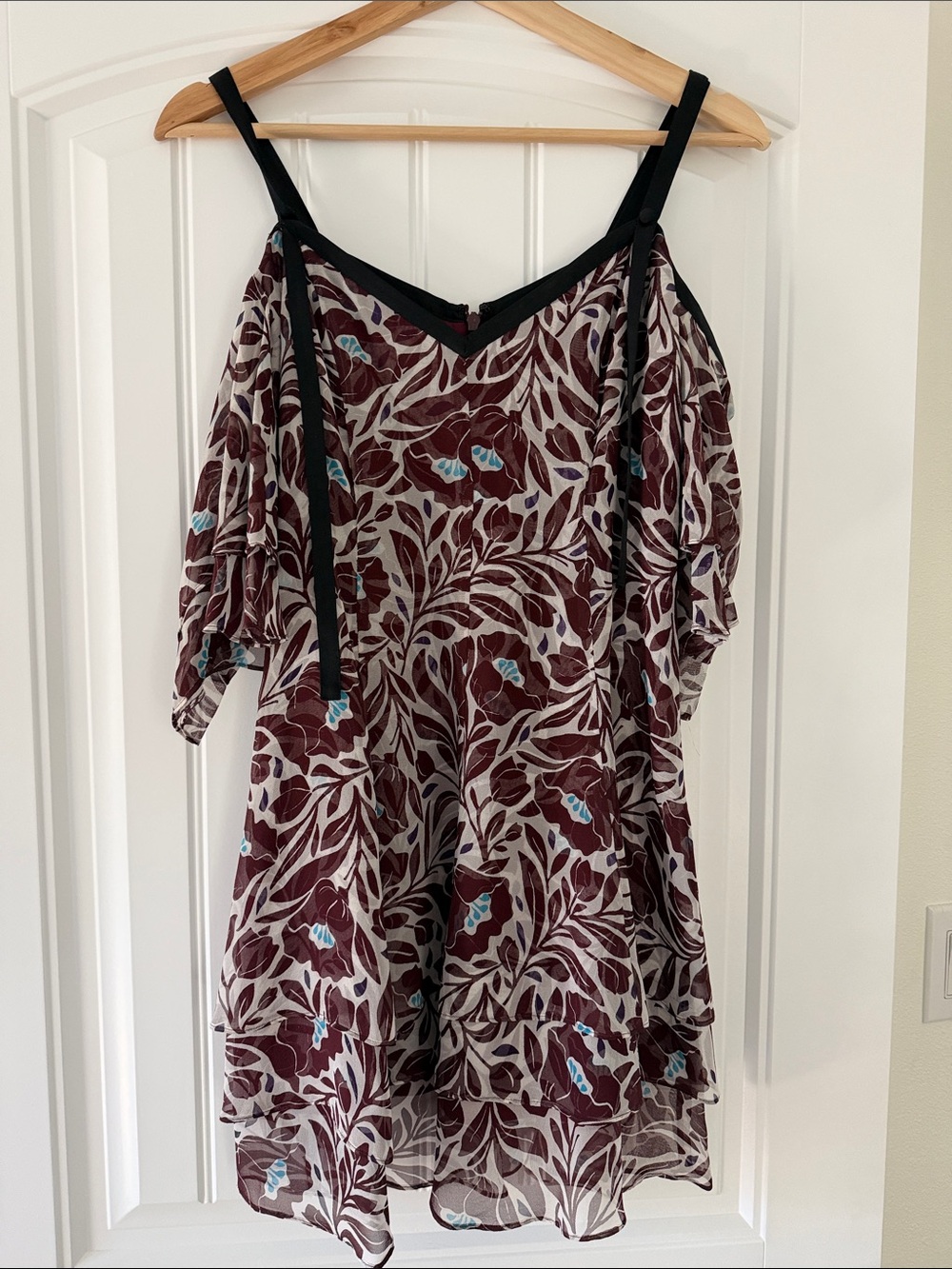 cinq a sept Burgundy Floral Cold-Shoulder Camisole with Black Trim